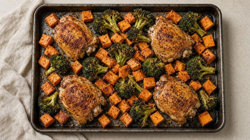 Sheet-pan chicken thighs with sweet potato and broccoli (sample photo)